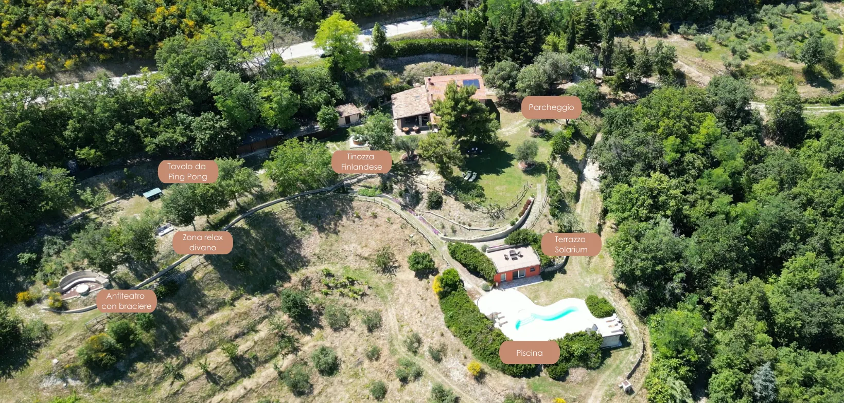 Vista aerea del casale e della tenuta